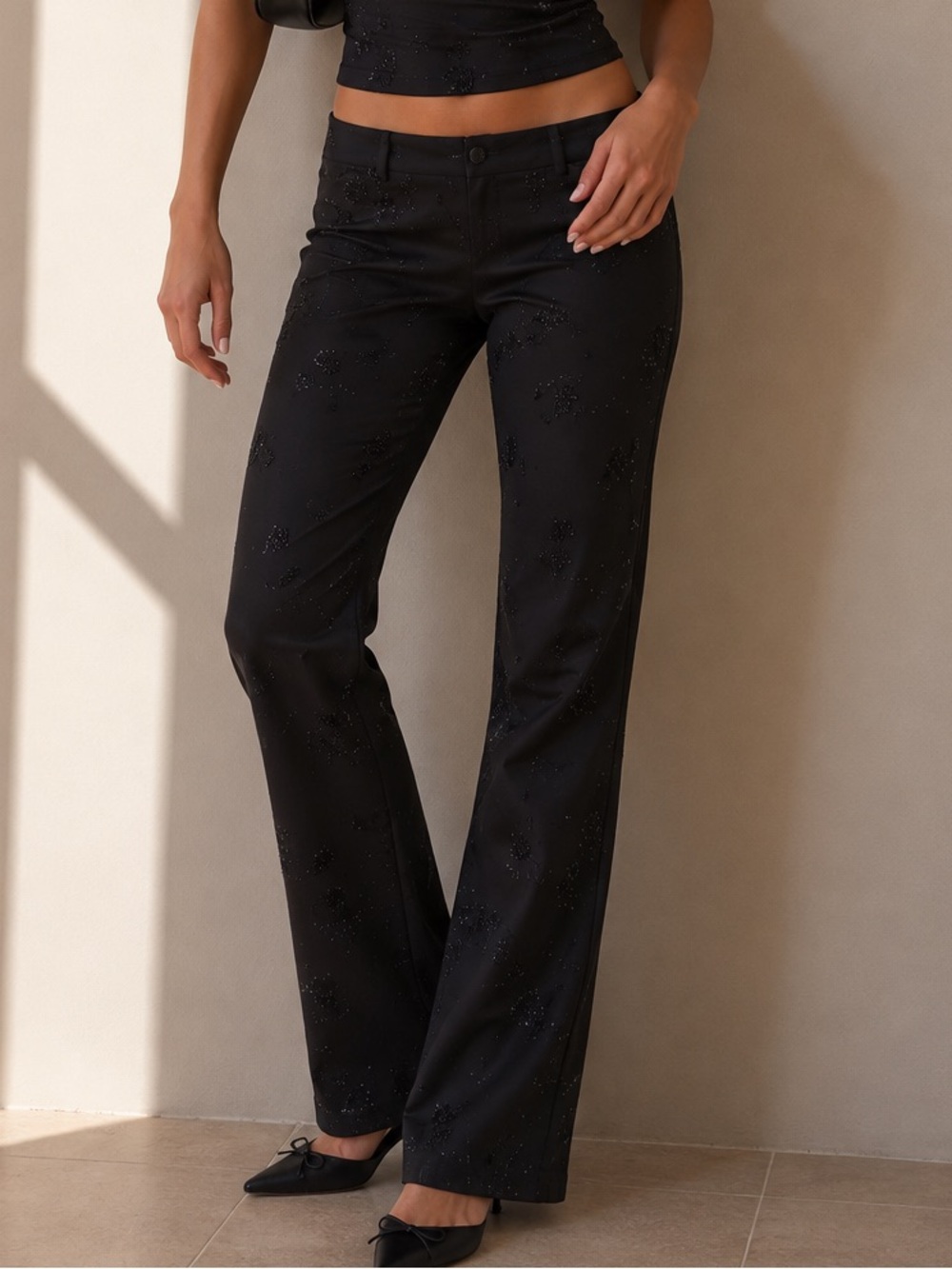 Vintage My Michelle Floral Sparkle Satin Mid Rise Trousers